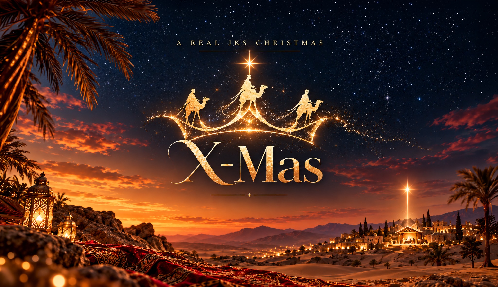 A Real JKS Christmas – goldene Krone mit drei Königen vor einem sternenklaren Wüstenhimmel